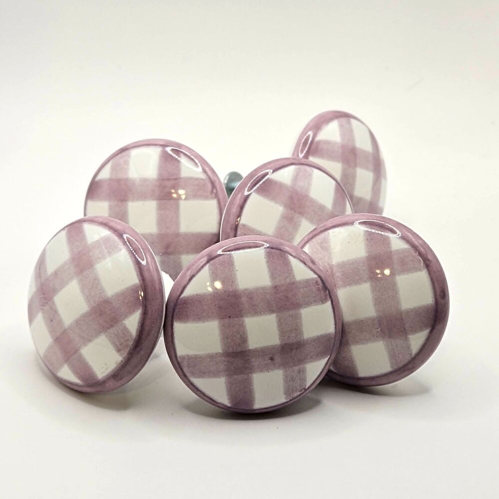 Purple and White Gingham Ceramic Drawer Pulls Set of 6